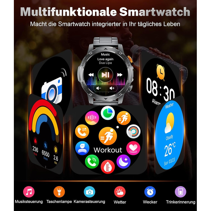 Чоловічий військовий смарт-годинник - акумулятор 1000 мАг/великий HD-дисплей 1,75 дюйма, смарт-годинник з ліхтариком/дзвінками через Bluetooth/130 спортивних режимів, водонепроникний фітнес-годинник IP68 з монітором серцевого ритму/сну, для Android iOS EF