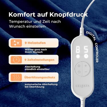 Фланелева ковдра з підігрівом CELESTA з автоматичним вимкненням, 180 x 130 см, 9 налаштувань температури, таймер 1-9 годин, автоматичне вимкнення, ковдра з підігрівом, можна прати в пральній машині - для дивана, ліжка та офісу, темно-синій, темно-синя фла