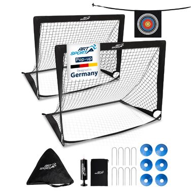 Футбольні ворота ArtSport Pop-up Goal Master - Набір з 2 шт. з аксесуарами - Складні та швидко встановлюються - 2 футбольні ворота для використання в приміщенні та в саду - Дитячі футбольні ворота, Чорні