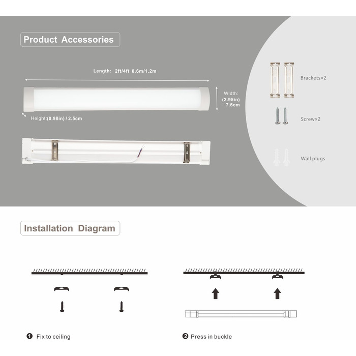 Світлодіодні трубки Qsmile 2 шт. 120 см, 32 Вт, 3550 лм, холодне біле світло, 6500 К ультратонкий світлодіодний вологозахищений світильник, простий в установці світлодіодний світильник для офісів, складів, гаражів, підвалів, майстерень