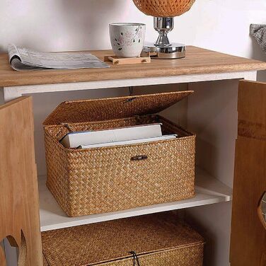 Плетений кошик для зберігання з ротанга, кошик з ротанга з кришкою, коробка для зберігання з кришкою, натуральна морська трава, кошики для білизни, органайзер для косметики для ванної кімнати, вітальні, кухні (малий середній великий)