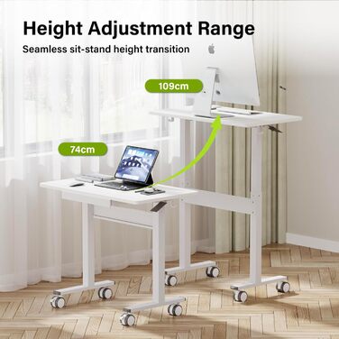Комп&39ютерний стіл з пневматичним регулюванням висоти (88x50 см), стіл для ноутбука з колесами та шухлядою, стіл над ліжком, стіл для роботи сидячи та стоячи для офісу, вітальні, спальні, невеликих приміщень, білий
