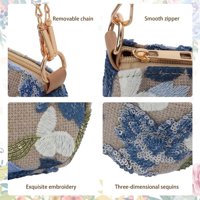 Сук'уту Сумка-клатч з вишивкою паєтками та квітковим мотивом, жіноча, блакитна вечірня сумка через плече