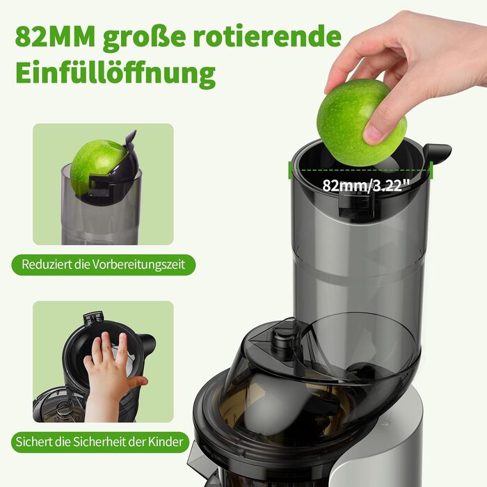 Повільна соковижималка AIRMSEN, соковижималка для овочів і фруктів з великим отвором для подачі 82 мм для соку з цілих фруктів, ма