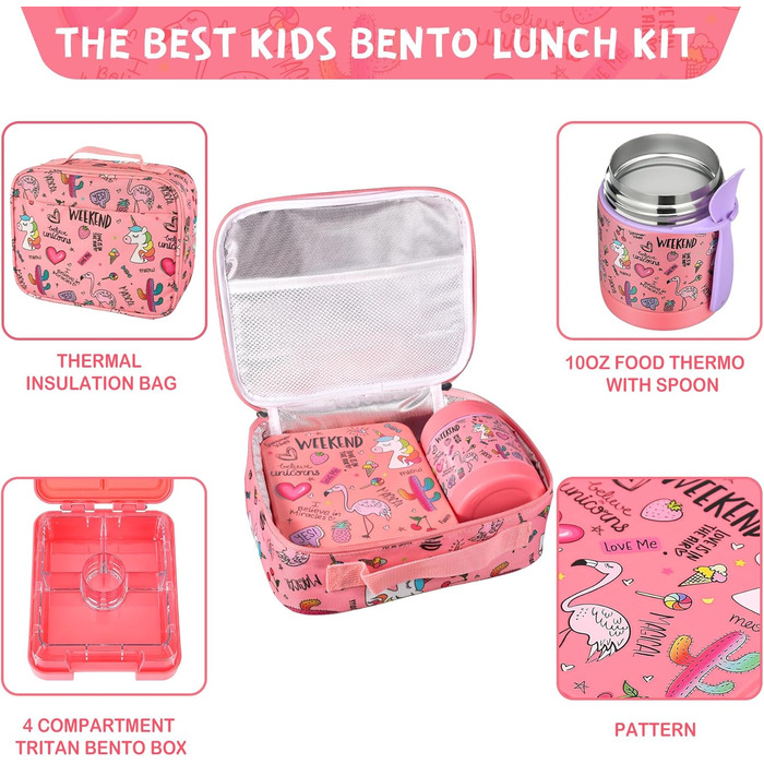 Набір для обіду Павтонґ з термосом для супу 284 мл, герметичні ланч-бокси з 4 відділеннями, дитячий термоконтейнер для їжі/ізотерм, сумка-холодильник, контейнер для харчування в школу, рожевий фламінго