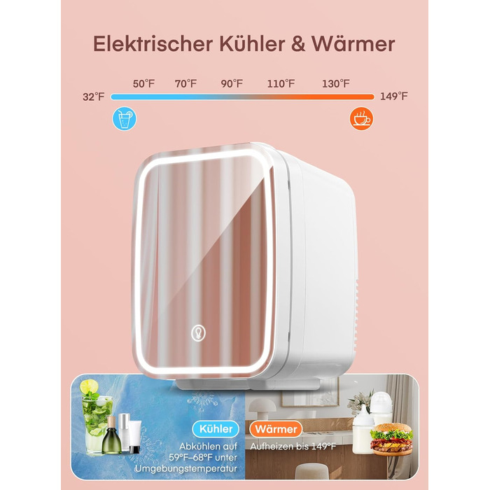 Міні-холодильник FOHERE 5 л зі світлодіодним дзеркалом, 220 В змінного струму / 12 В постійного струму, холодильник для напоїв, не