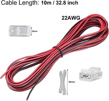 Комплект з'єднувачів для LED-стрічок GTIWUNG 3528/2835 без пайки, 2-контактні, з подовжувальним кабелем 10 м, роз'єми для LED-планок, безшовне з'єднання, для LED-стрічок 8 мм до T509