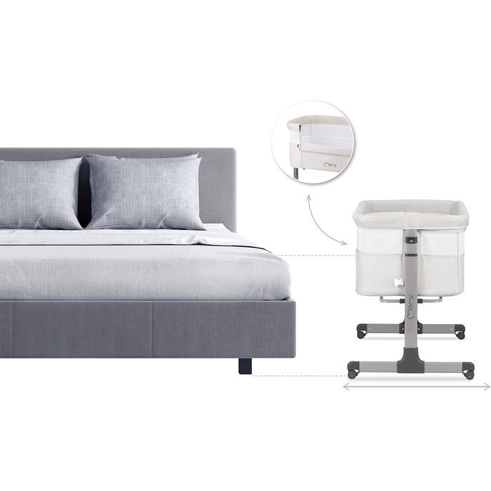 Багатофункціональне приліжкове та дитяче ліжко Momi REVO, 6-рівневе регулювання висоти від 72 до 82 см, з колесами, включаючи матрац, кріпильні ремені, сітку від комах та ручку з іграшками