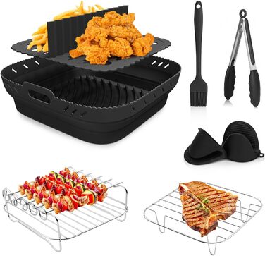 Аксесуари для фритюрниці Viriech із силіконовою формою, аксесуари для багаторазової фритюрниці з 8 частин Силіконова форма для фритюрниці з шампурами Масляна щітка Затискач проти опіків для фритюрниці