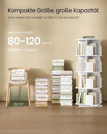 Обертова книжкова полиця EUGAD, кімнатна перегородка, полиця на місці, обертова полиця, офісна полиця, декоративна полиця, вільно обертається на 360 з 4 полицями для спальні, офісу, МДФ, білий, 39,5 x 128 x 39,5 см, 4 полиці (39,5 Ш x 128 В x 39,5 Г см), 