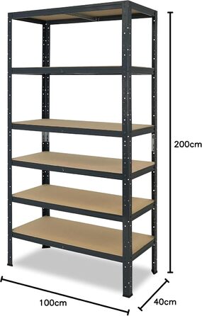 Надміцний домашній стелаж, антрацитовий/металевий стелаж з 6 полицями/металевий стелаж для підвалу, гаражний стелаж, стелаж для майстерні або стелаж для зберігання/змішаний металевий стелаж з вантажопідйомністю 145 кг В 200 см / Ш 100 см / Г 40 см, 200x10