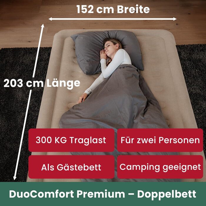 Надувний матрац для 2 осіб - Самонадувальний надувний матрац Преміальне гостьове ліжко без шнура живлення - вбудований насос USB-C - Надувне ліжко - Виберіть свій розмір зараз Бежевий двоспальний