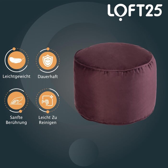 Круглий пуф-мішок Loft 25 Пуф для приміщень, вітальня, подушка для відпочинку ніг Ергономічний дизайн пуфа Зручний та міцний пуф-подушка для сидіння 3245 см (Баклажан)