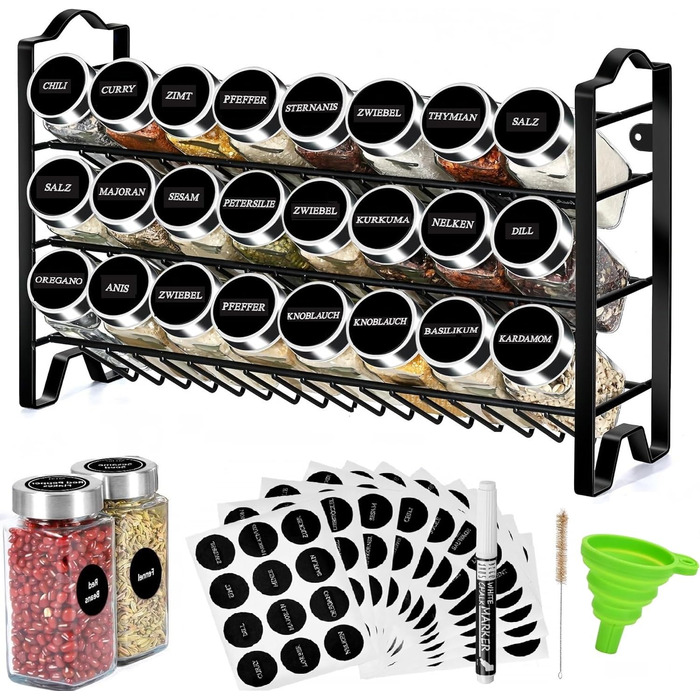 Підставка для спецій, 24 банки для спецій, 3-рівневий органайзер з металевим каркасом, з етикетками, індивідуальними кришками та дозаторами (Модель 2)