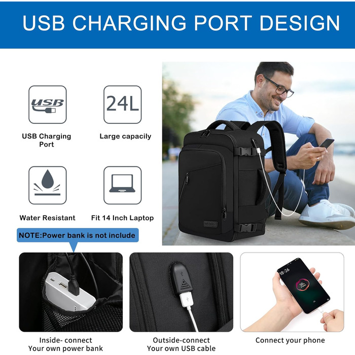 Рюкзак для ручної поклажі Ryanair 40x30x20, 40x30x25, для Eurowings, малий 24-літровий дорожній рюкзак для літака, сумка для ручної поклажі з портом зарядки USB, дорожня сумка для чоловіків і жінок, чорний, чорний 40 x 30 x 20 см - 24 л