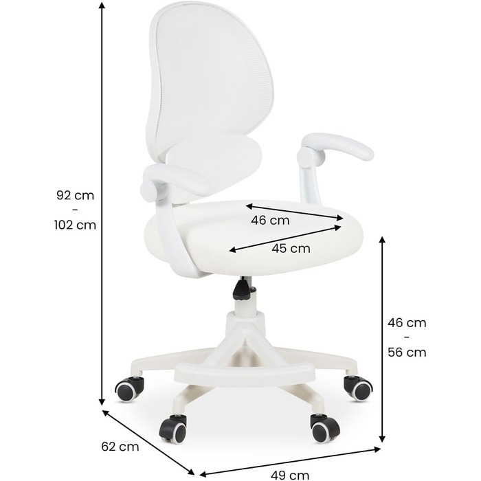 Дитяче обертове крісло IDIMEX ISLA з підставкою для ніг, біле ергономічне письмове крісло для дітей та підлітків, регульоване по висоті, обертове з поперековою опорою, спинка з дихаючої сітки, підлокітники