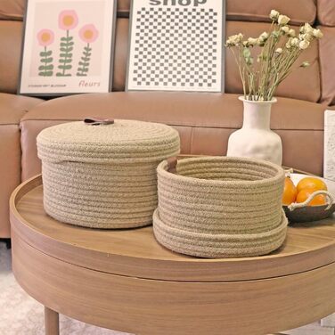 Кошик з джутової мотузки з кришкою, Декоративні плетені кошики з кришкою, Круглий кошик зі шкіряною ручкою та кришкою, Маленький кошик з кришкою, Кошики для зберігання з кришкою Комплект з 2 шт. (22x14 см/19x11 см) 22x14 см/19x11 см Джут