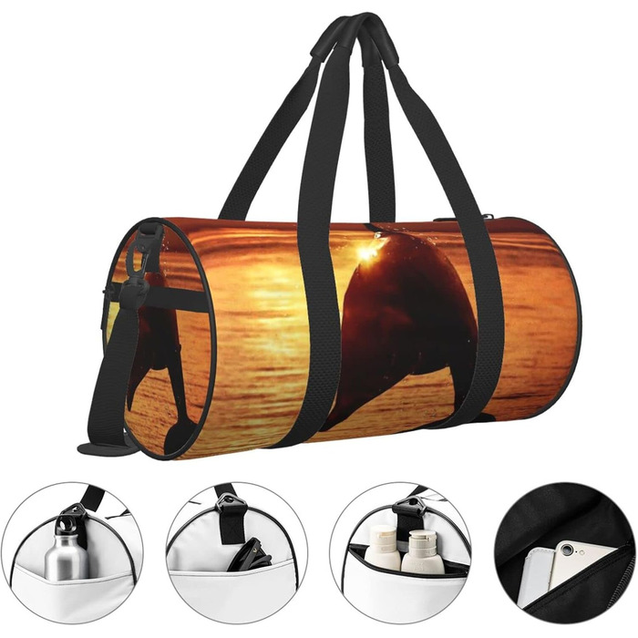 Спортивна сумка для подорожей, Захід сонця, з красивим малюнком дельфіна, дорожня сумка на ніч, чорна, універсальний розмір