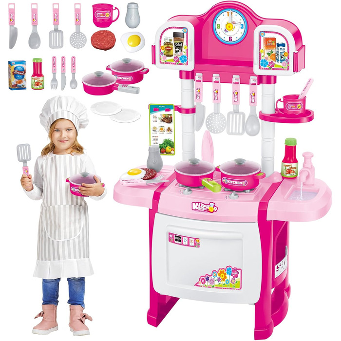 Мініатюрний кухонний набір deAO My Little Chef, рольова гра зі світлом і звуками, елементами води та 18 аксесуарами (рожевий)