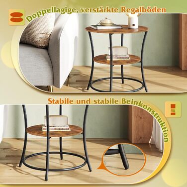 Круглий журнальний столик WLIVE, 2-рівневий маленький журнальний столик з відділенням для зберігання, металевий каркас, кругла тумбочка для вітальні, спальні, невеликих приміщень, рустикальний коричневий