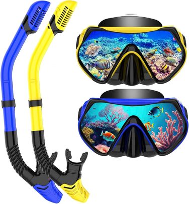 Набір для дорослого з маскою для підводного плавання, комплект для підводного плавання з маскою проти запотівання та сухим снорклінгом, професійна маска для підводного плавання із загартованого скла, синійжовтий