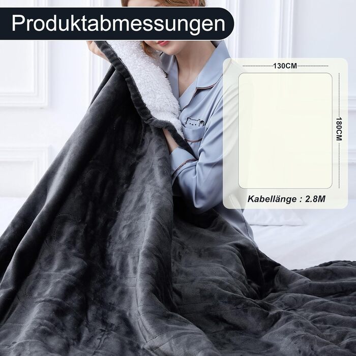 Електрична ковдра з автоматичним вимкненням, 130x180 см, ковдра з підігрівом, 8 режимами нагріву та таймером автоматичного вимкнення 1-12 годин, захист від перегріву, фланелева ковдра з підігрівом, яку можна прати в пральній машині, для дому та офісу, сір