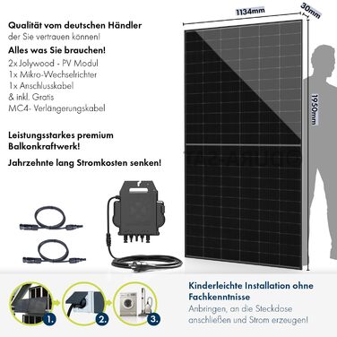 Балконна електростанція SPAUN 1000 Вт Комплект 800 Вт з двосторонньою фотоелектричною потужністю до 1300 Вт та 15-метровим кабелем для підключення до розетки - дистанційний моніторинг через WiFi, міні-фотоелектрична система, 15-метровий кабель N-TOPCon, 8