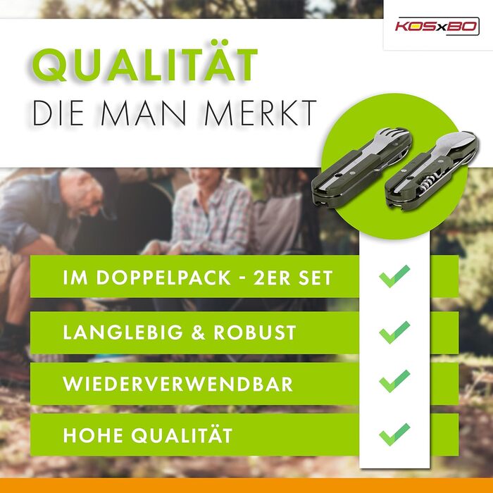 Набір столових приборів з нержавіючої сталі для кемпінгу з 6 предметів, сріблясто-зелений, 2 шт.