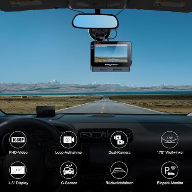 Відеореєстратор автомобільний передній задній з 64GB SD картою, 4.3-дюймовий IPS екран автомобільної камери 1080P FHD відеореєстра