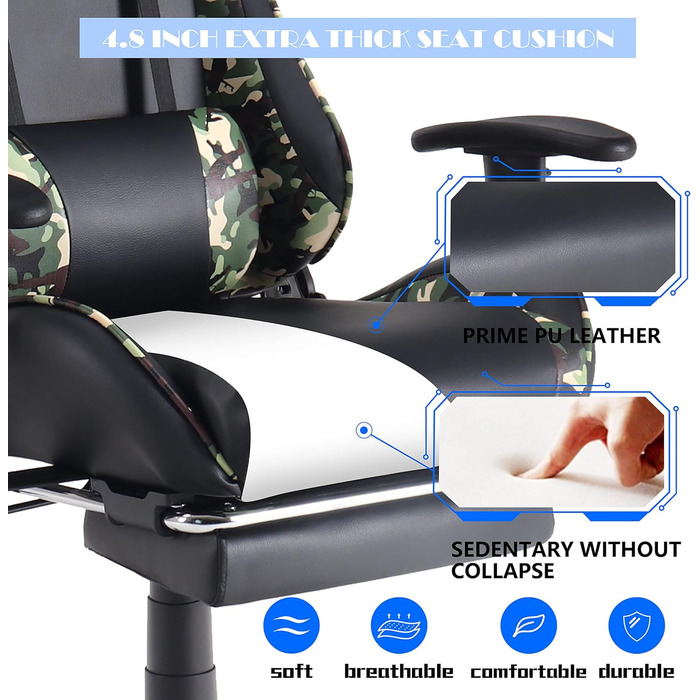 Ігрове крісло ALEAVIC з підставкою для ніг, гоночне крісло, ергономічне офісне крісло, ігрове крісло для ПК, висока спинка. (камуфляжний колір)