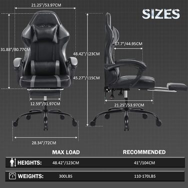 Ігрове крісло вантажопідйомністю 150 кг, офісне крісло з підставкою для ніг, ігрове крісло з регульованою поперековою опорою, ігрове крісло зі штучної шкіри, дитяче ігрове крісло з регульованою висотою, сірий, стандартна модель сірого кольору