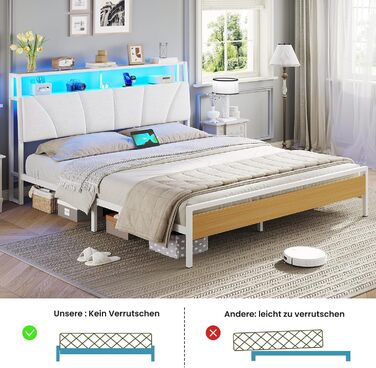 Ліжко 180x200 з металевою рейковою основою, двоспальне ліжко 180x200 см зі світлодіодним підсвічуванням, каркас ліжка 180x200 см з узголів&39ям та зарядною станцією (2 розетки змінного струму, 2 USB-порти) Сучасне, Білий Білий 180x200см