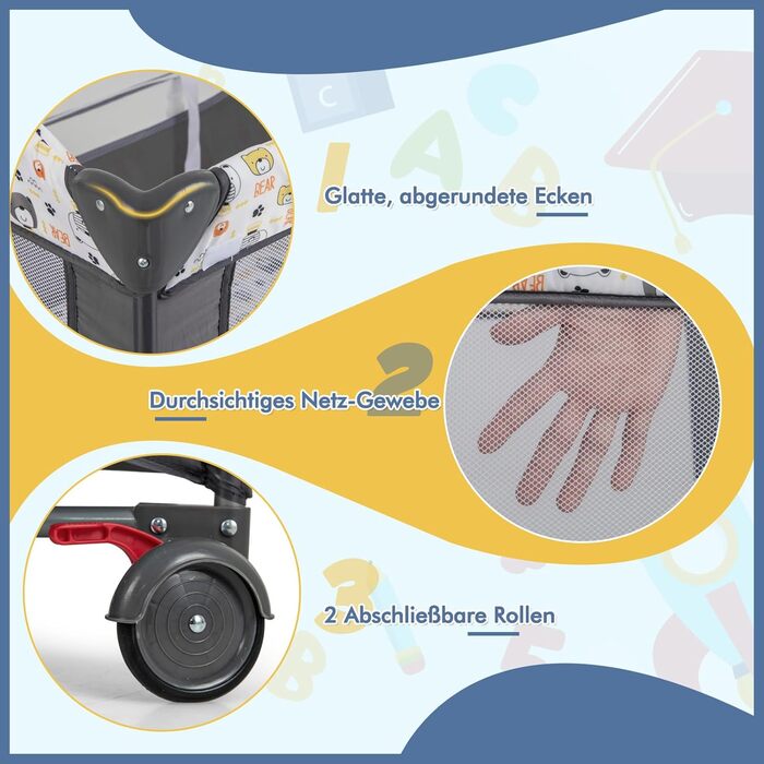 Дитяче ліжечко COSTWAY 5-в-1, дорожнє ліжечко з матрацом, регульована по висоті тумбочка з пеленальний столик, ремені безпеки, музичний мобіль та підвісні іграшки, колиска/колиска з колесами для малюків, сірий колір