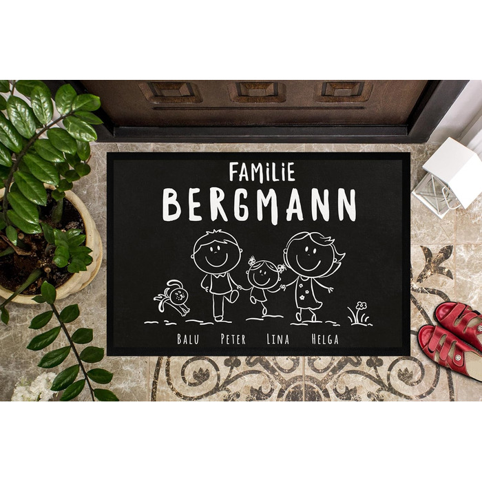 Персоналізований сімейний килимок для дверей з іменами 1, 2, 3 та більше дітей, собака, кіт, фігурка-паличка, білий, 60x40 см, фігурка-паличка біла