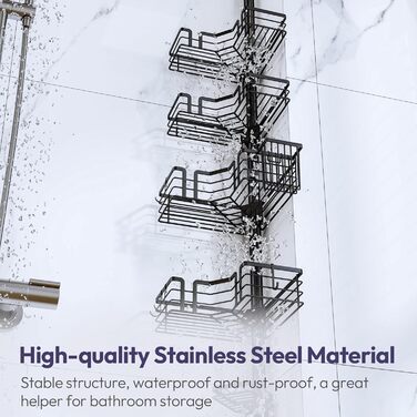 Кутова полиця для душу телескопічна SWTYMIKI - 4-ярусна, з мильницею, тримачем для зубних щіток та 4 гачками, регульована, з нержавіючої сталі, монтаж без свердління, 70-275 см, чорна