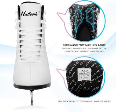 Фігурне катання Nattork Excellence леза з нержавіючої сталі для покращеної підтримки, міцності, продуктивності та максимального комфорту для дітей та дорослих. Білий розмір EU 40/ US жіночий розмір 8, US чоловічий розмір 7.