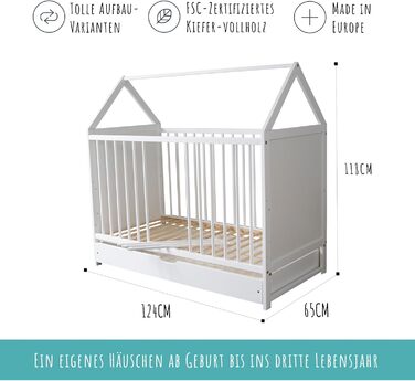 Дитяче ліжечко Двоспальне ліжечко 60x120 см з шухлядою та матрацом Ліжко для дому Дитяче ліжко 120x60 см біле з шухлядою, регульов