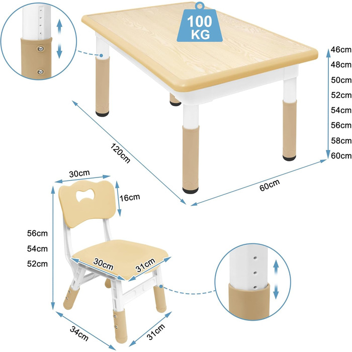 Дитячий стіл UISEBRT з 4 стільцями, Дитячий комплект сидіння з регульованою висотою для дітей від 2 років, Пластиковий комплект столів, Дитячі меблі для дитячого садка та дитячої кімнати (Колір дерева, 120 x 60 x 60 см) 120 x 60 x 60 см Колір дерева