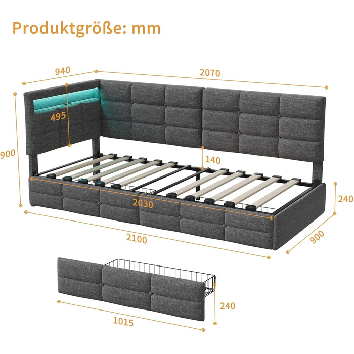 М&39яке ліжко/диван-ліжко 90x200 з 2 шухлядами для зберігання речей, дитяче ліжко 90x200 зі світлодіодним освітленням та зарядною станцією USB, односпальне ліжко з дерев&39яним рейковим каркасом, лляно-сірий (без матраца) лляно-сірий 90x200 см