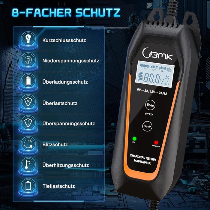 Зарядний пристрій 6V/12V 2A 4A повністю автоматичний інтелектуальний зарядний пристрій зі світлодіодним ремонтним зарядним пристро
