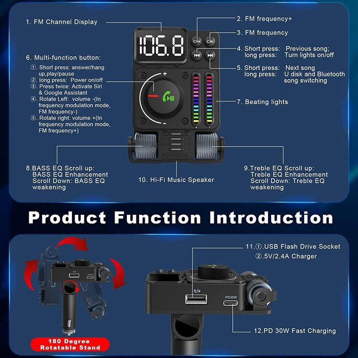 Передавач Bluetooth 5.3 FM-передавач, швидка зарядка PD 30 Вт Type-C і USB-порт, високочастотний і басовий плеєр HiFi