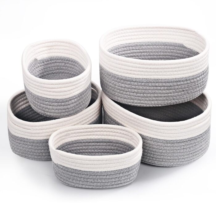 Кошик для зберігання з бавовняної мотузки, набір з 5 шт. , кошик для зберігання, органайзер для пеленального столу, кошик для зберігання у ванну кімнату, дитячу кімнату, пеленальний столик, білий та сірий.