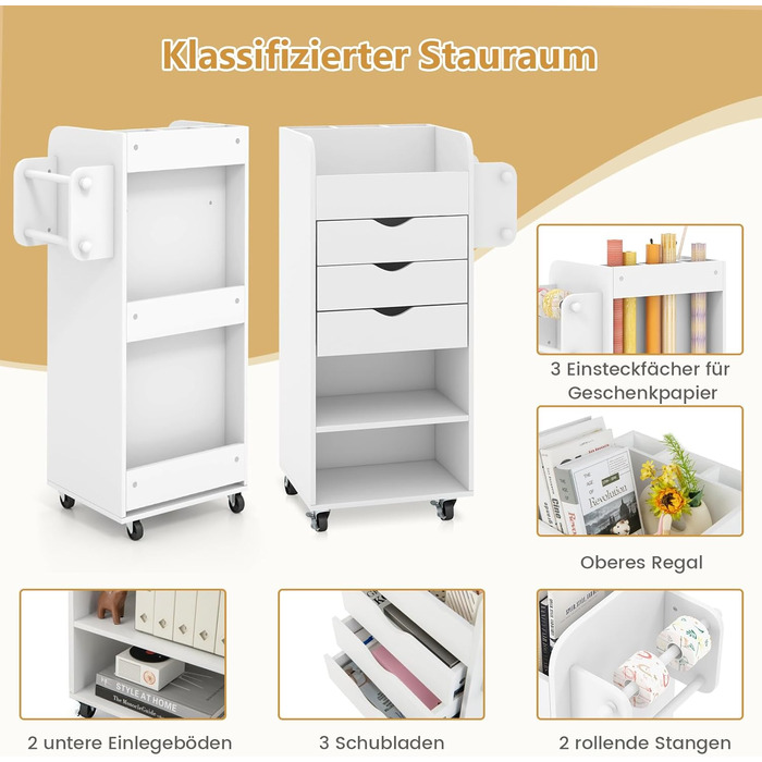 Контейнер на колесах COSTWAY з 3 шухлядами, візок для рукоділля з 2 коліщатками та 3 відділеннями, дерев&39яна шафа з шухлядами на колесах, багатоцільовий візок на колесах для офісу/кабінету (білий)