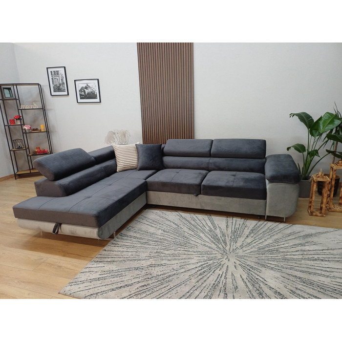 Кутовий диван Aston з функцією сну та відділенням для зберігання речей, вітальня, L-подібний диван з відділенням для зберігання речей, L-подібної форми, диван з функцією сну (темно-сірий/сірий, шезлонг ліворуч) Темно-сірий / сірий, шезлонг ліворуч