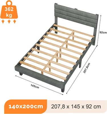 Ліжко Bonnlo з м&39якою оббивкою 140x200 см з регульованим узголів&39ям, ліжко 140x200 з дерев&39яною рейковою основою, оксамит (без матраца) 140x200 см світло-сірий
