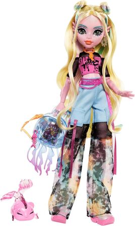 Лялька Monster High Lagoona Blue у сітчастій футболці та штанях-карго з рибкою Нептуною та аксесуарами, такими як рюкзак, перекус та блокнот, HXH75 Lagoona Blue з Нептуною