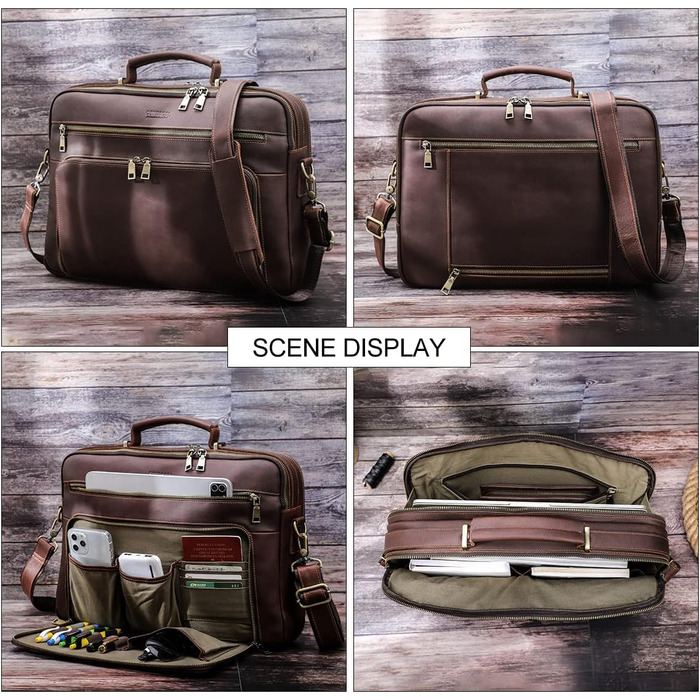 Контакти Шкіряний портфель для чоловіків, 16-дюймовий ноутбук сумка для офісу, шкіряний месенджер з ремінцем для візка, ПК портати