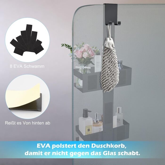 Підвісна полиця для душу з нержавіючої сталі SUS304, без свердління для скляних дверей без рами, тримач для шампуню та гелю для душу, чорний колір (Стиль А)