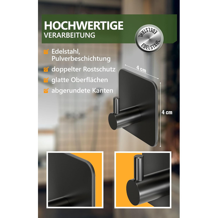 Рушникосушка 4smile без свердління, комплект з 6 шт. - Чорні гачки для рушників у ванній кімнаті як практичні клейкі гачки - Висок