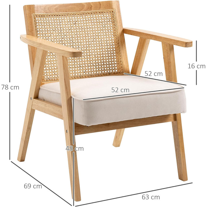 Крісло HOMCOM, крісло-реклайнер для вітальні з підлокітниками, подушка сидіння, крісло для відпочинку зі спинкою з ротанга, крісло для читання з ефектом льону, дерев&39яний каркас, м&39яке крісло для спальні, кремовий